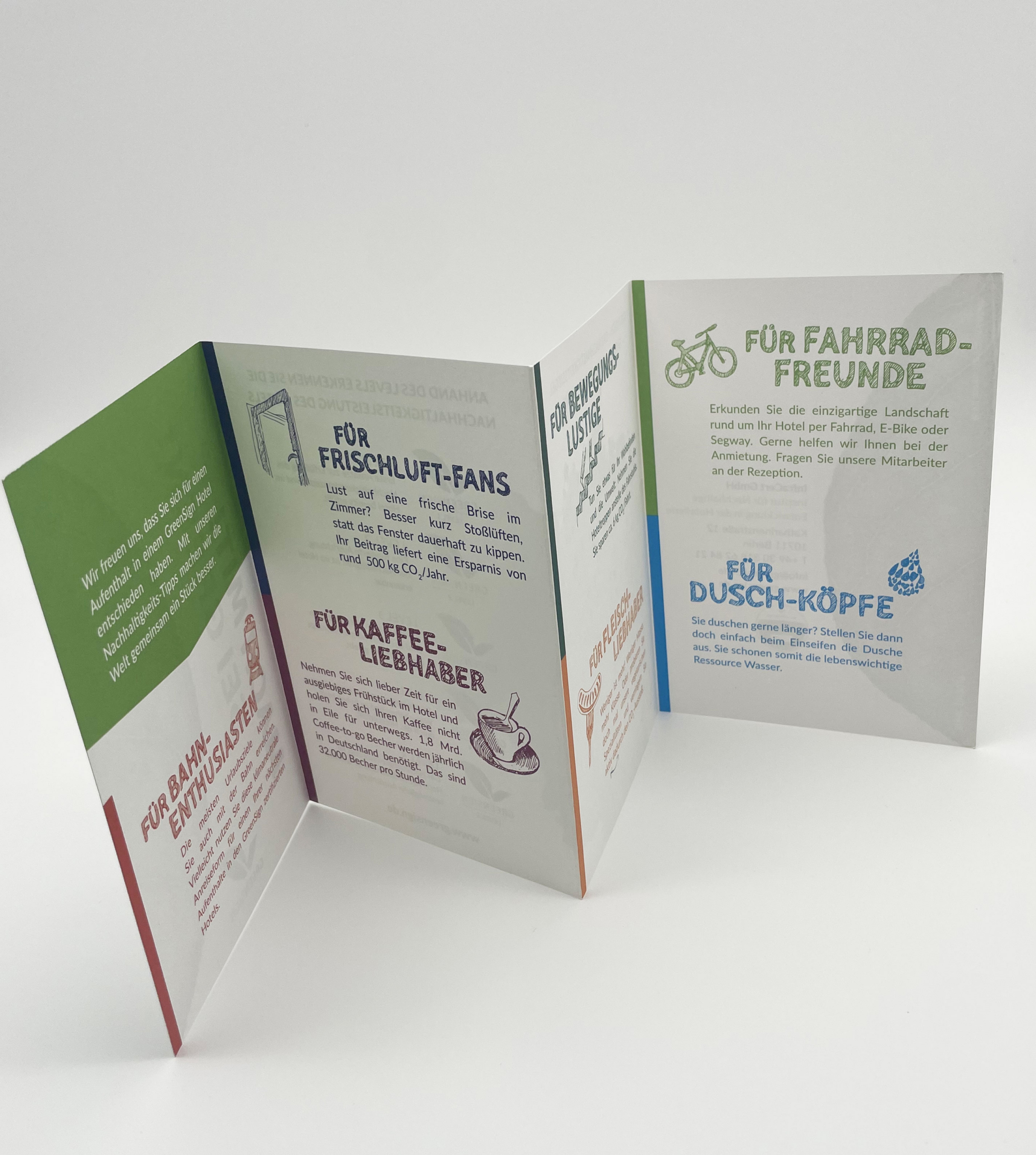GreenSign Zickzack Flyer innen, mit Tipps zu Nachhaltigkeit im Hotel